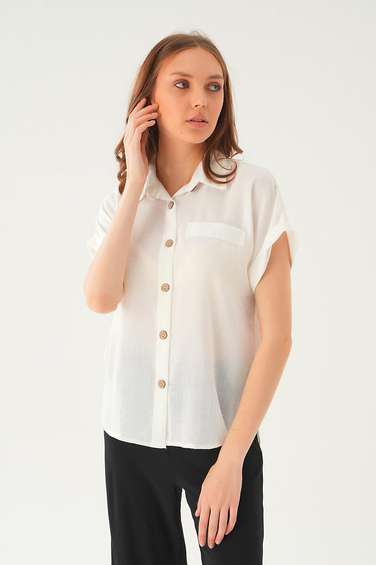 Beyaz Cep Detay Bluz 108801-1 - 2