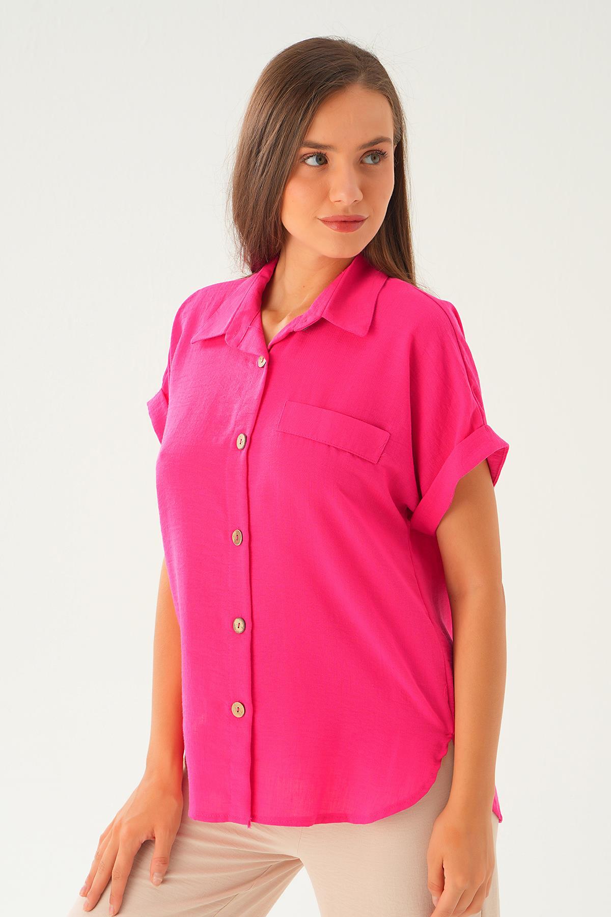 Fuşya Cep Detay Bluz 108801-1 - 2