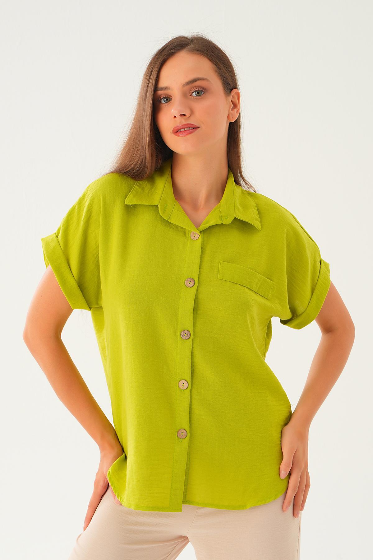 Yağ Yeşili Cep Detay Bluz 108801-1 