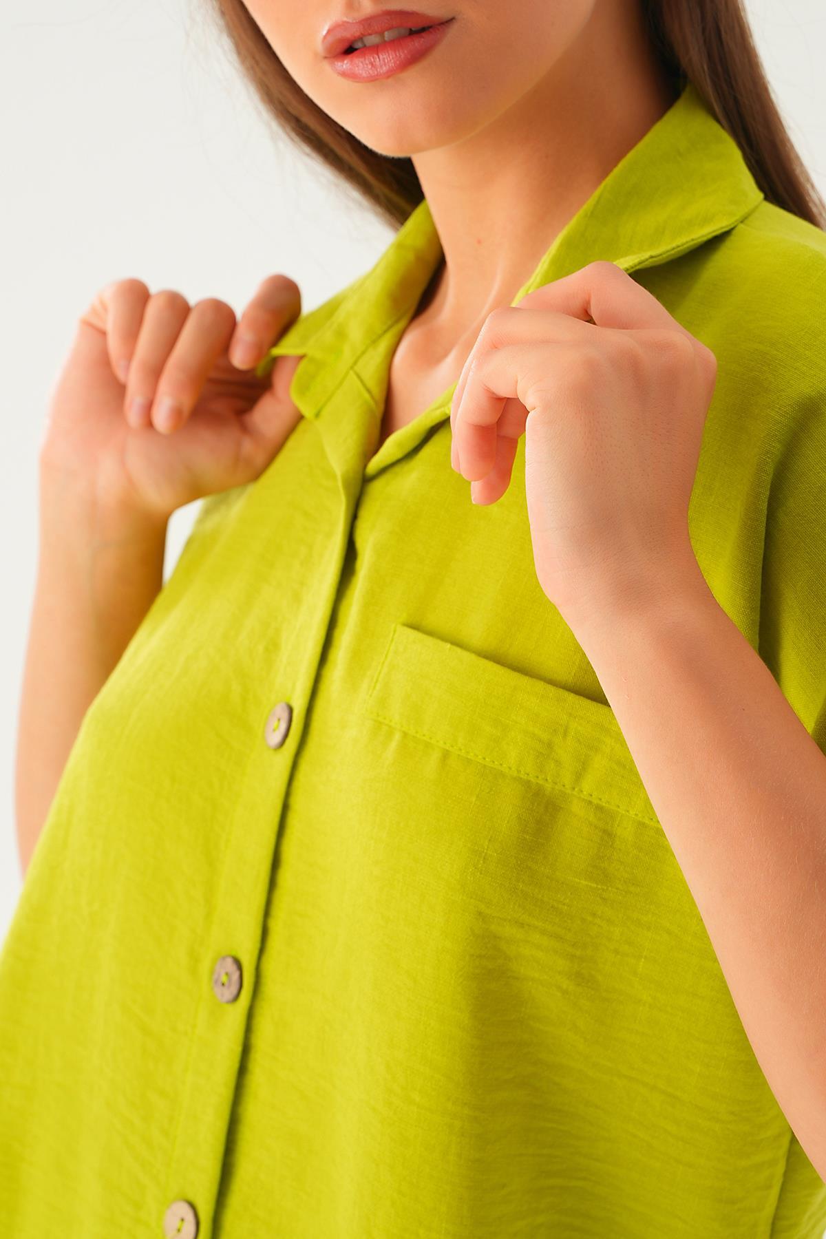 Yağ Yeşili Cep Detay Bluz 108801-1 - 2