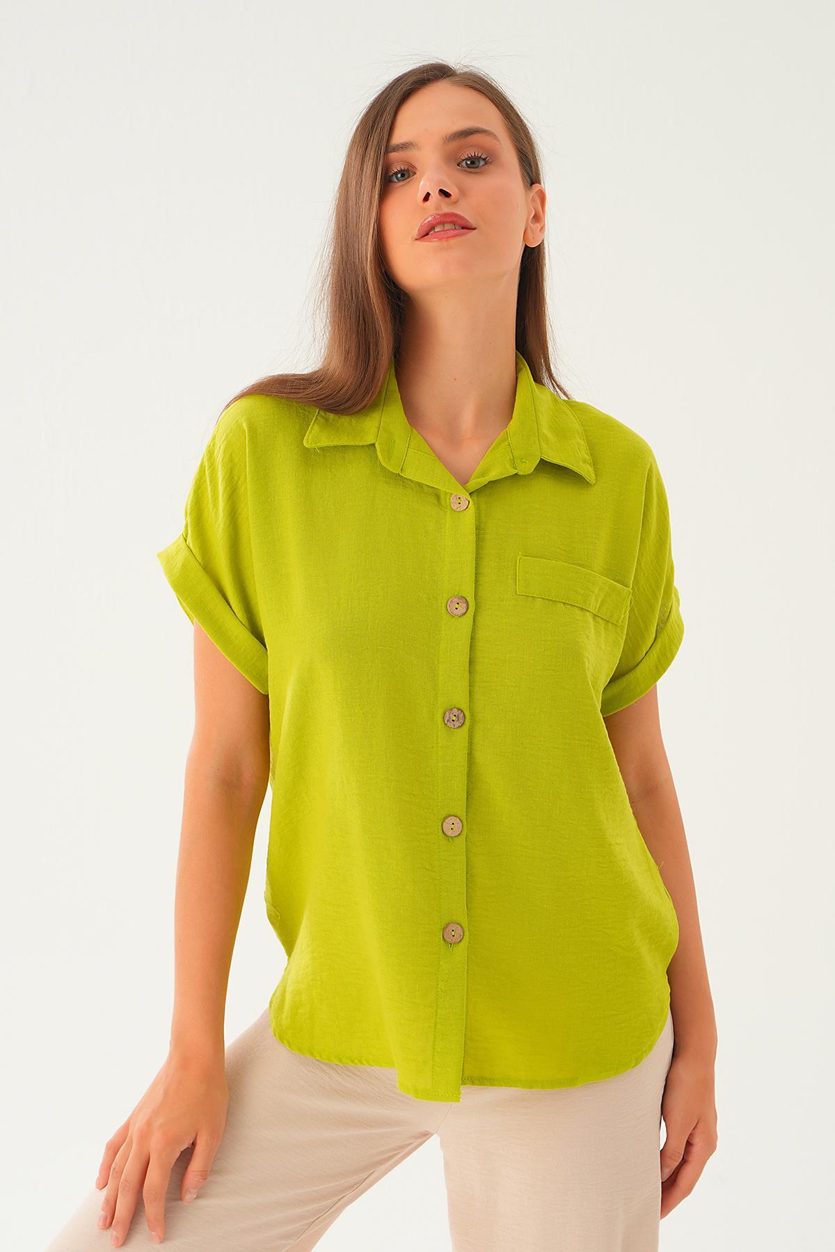 Yağ Yeşili Cep Detay Bluz 108801-1 - 3