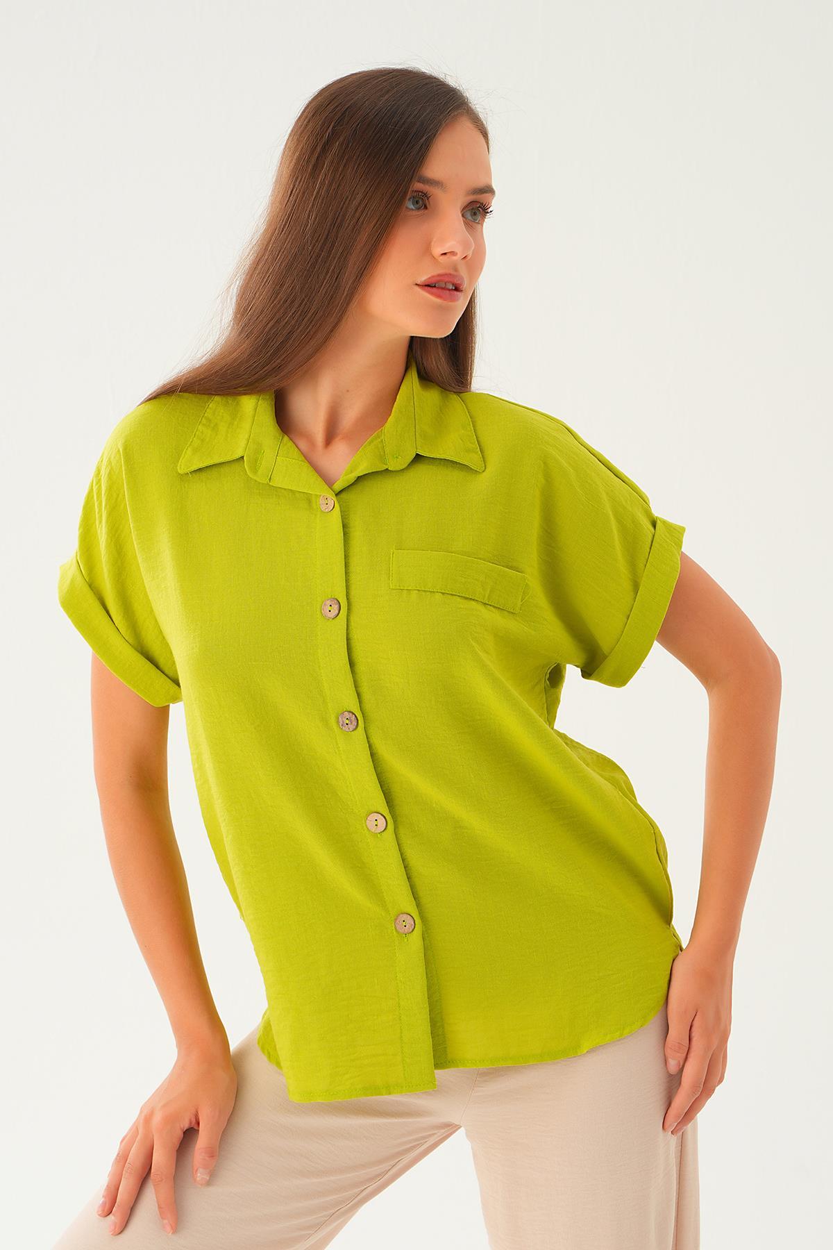 Yağ Yeşili Cep Detay Bluz 108801-1 - 4