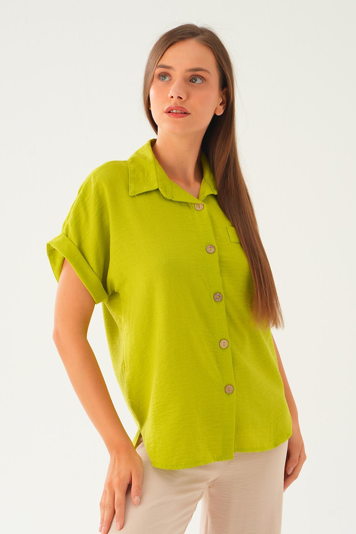 Yağ Yeşili Cep Detay Bluz 108801-1 - 5