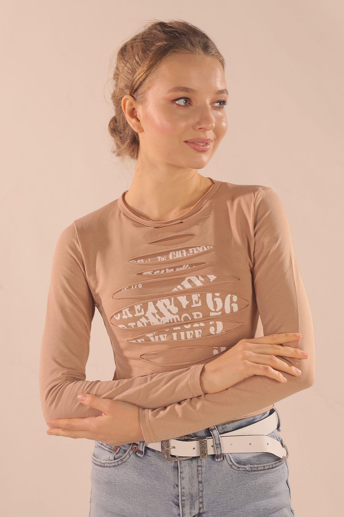 Vizon Ön Baskı Yırtık Detay Bluz 109 - 1