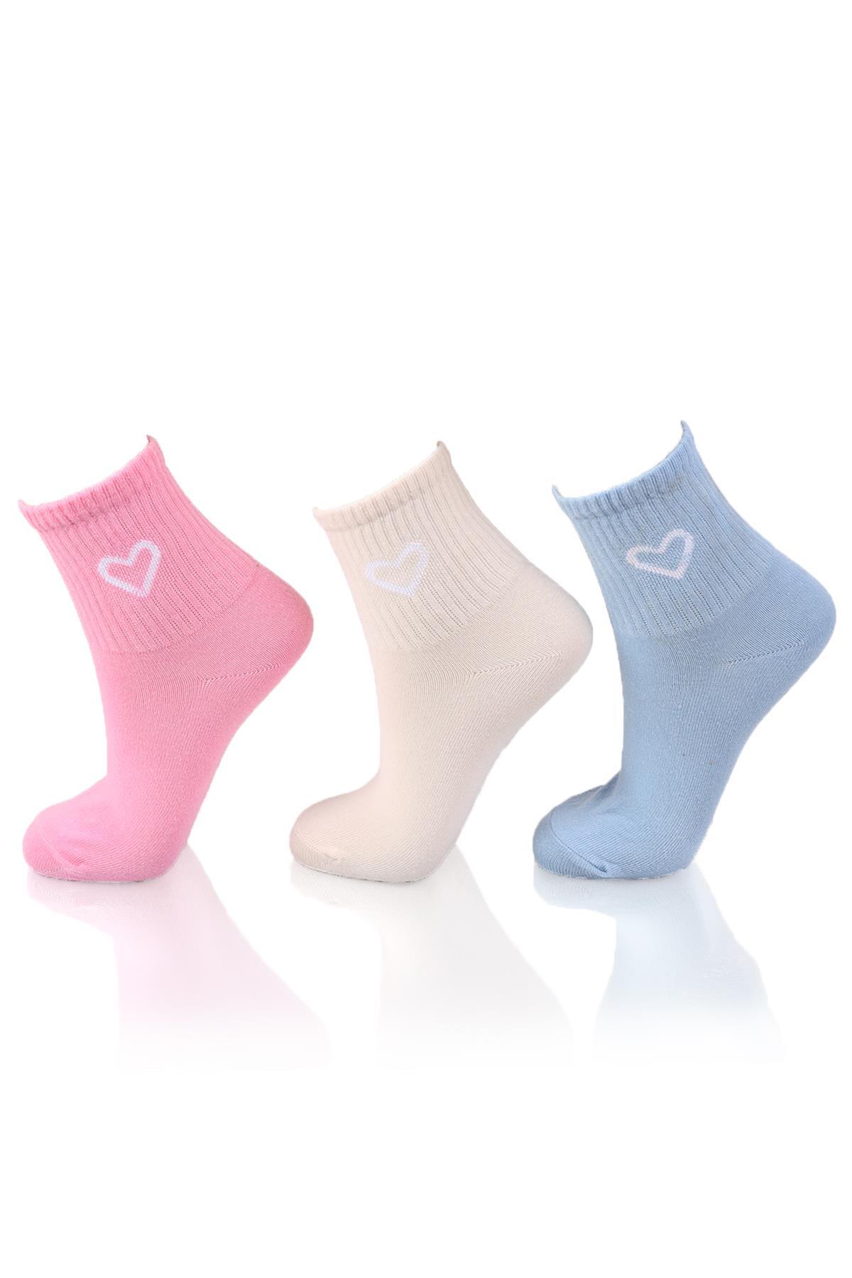 1100 3'lü Kalp Detay Tenis Yarım Konç Çorap Pembe-Mavi-Bej - 1