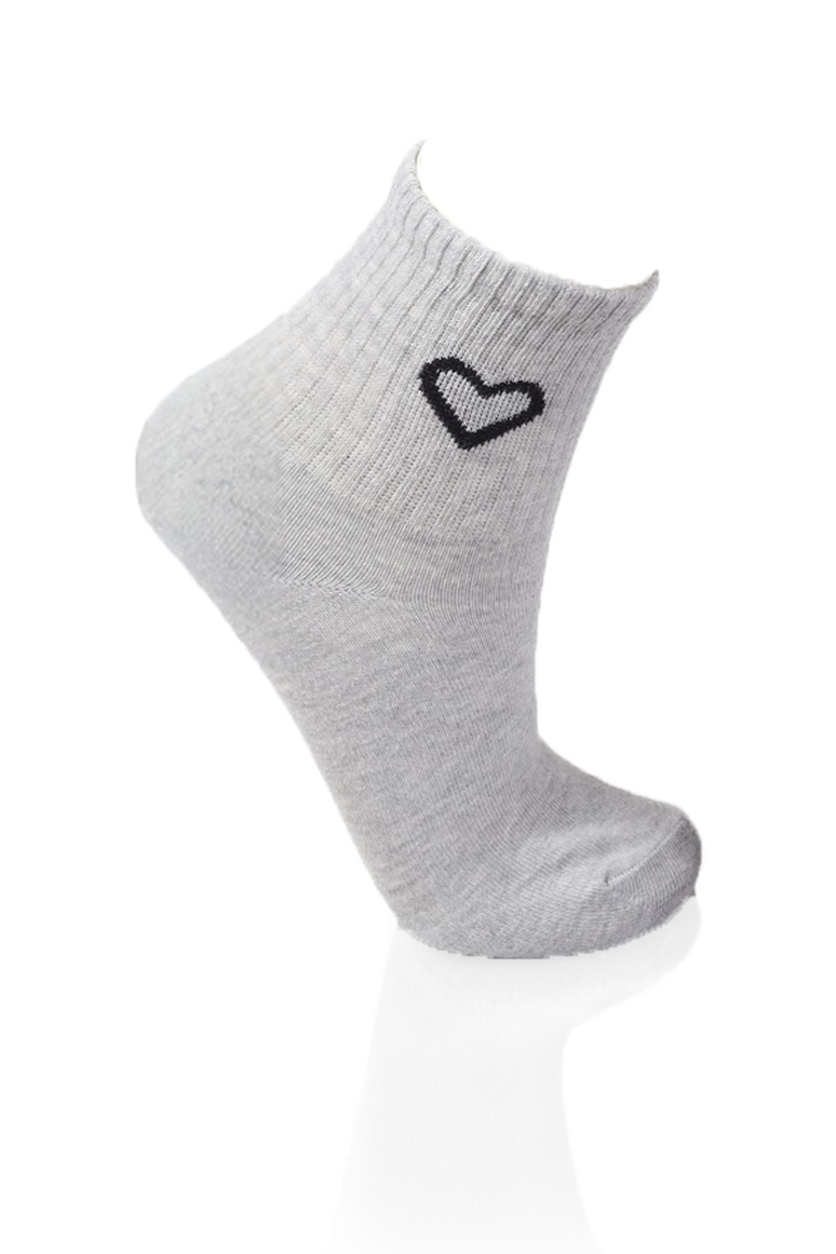 1100 3'lü Kalp Detay Tenis Yarım Konç Çorap Siyah-Beyaz-Gri - 2