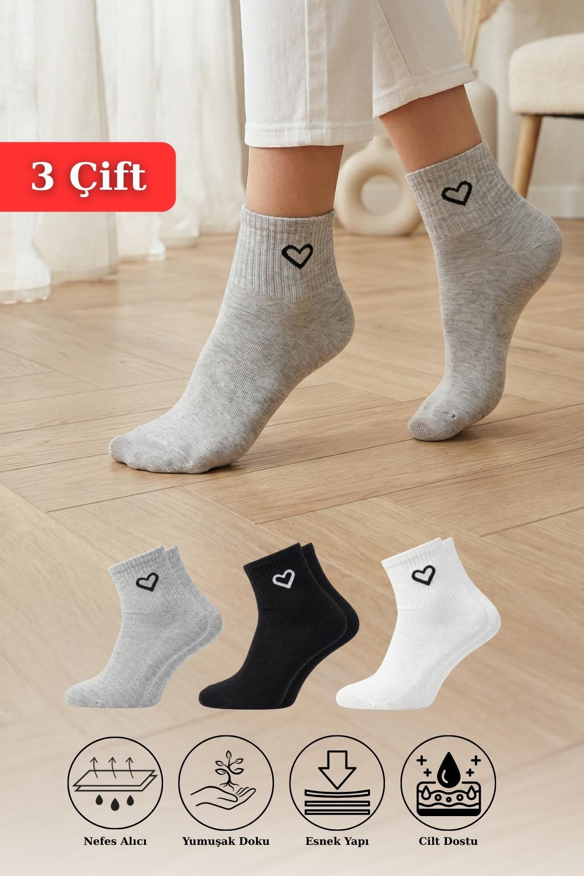 Siyah-Beyaz-Gri 3'lü Kalp Detay Tenis Yarım Konç Çorap 1100 - RAYS