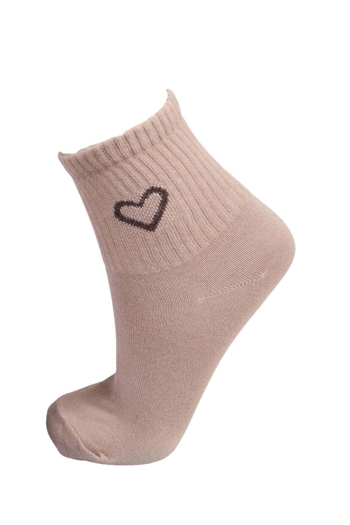 1100 3'lü Kalp Detay Tenis Yarım Konç Çorap Vizon-Taş-Kahve - 4
