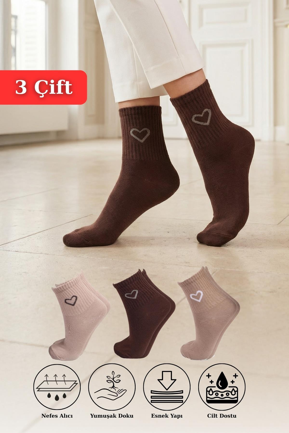 Vizon-Taş-Kahve 3'lü Kalp Detay Tenis Yarım Konç Çorap 1100 - 1