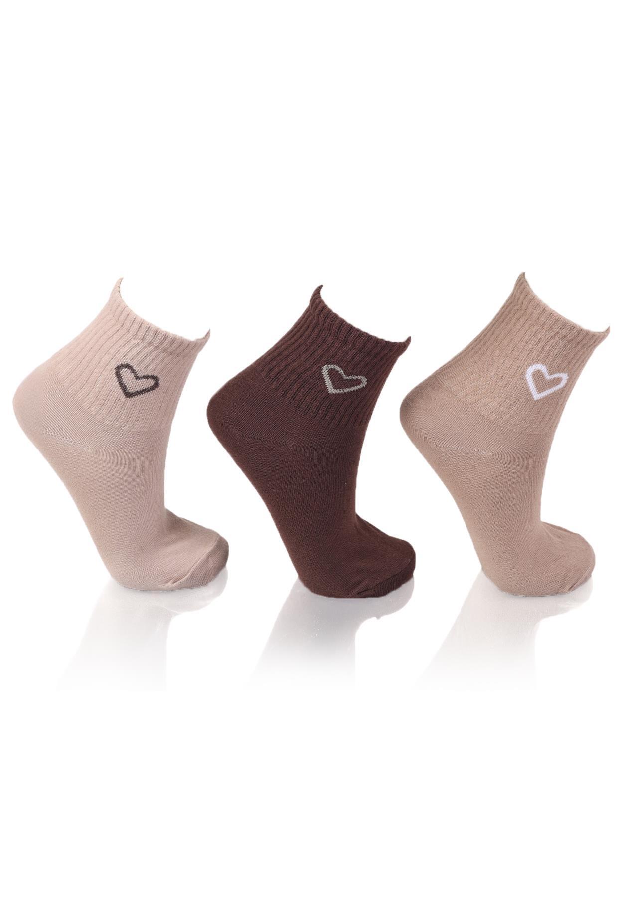 1100 3'lü Kalp Detay Tenis Yarım Konç Çorap Vizon-Taş-Kahve 