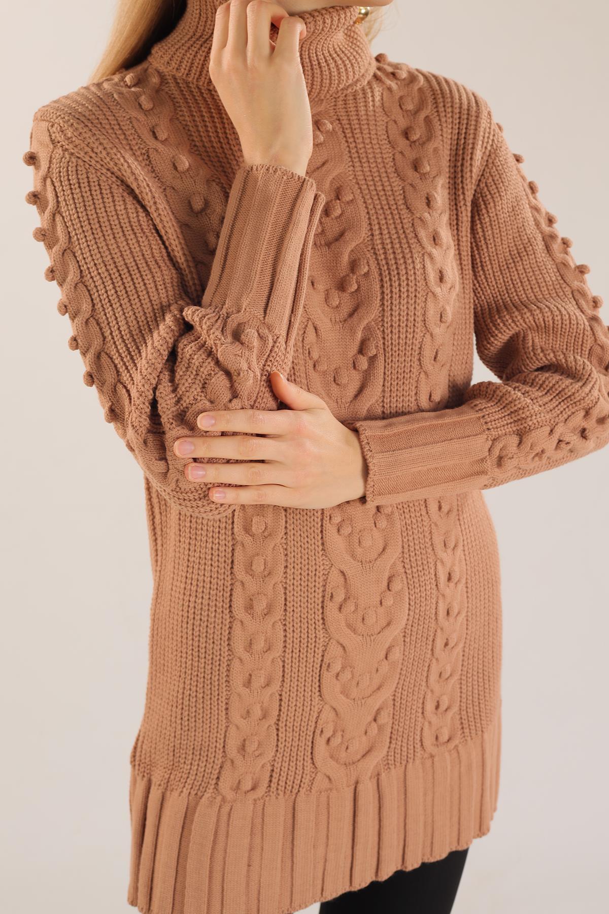 11002 Örgü Detay Boğazlı Kazak Camel - 2