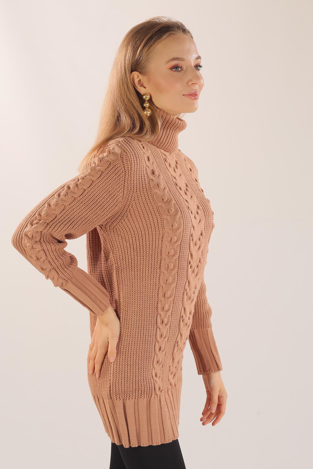 11002 Örgü Detay Boğazlı Kazak Camel - 5