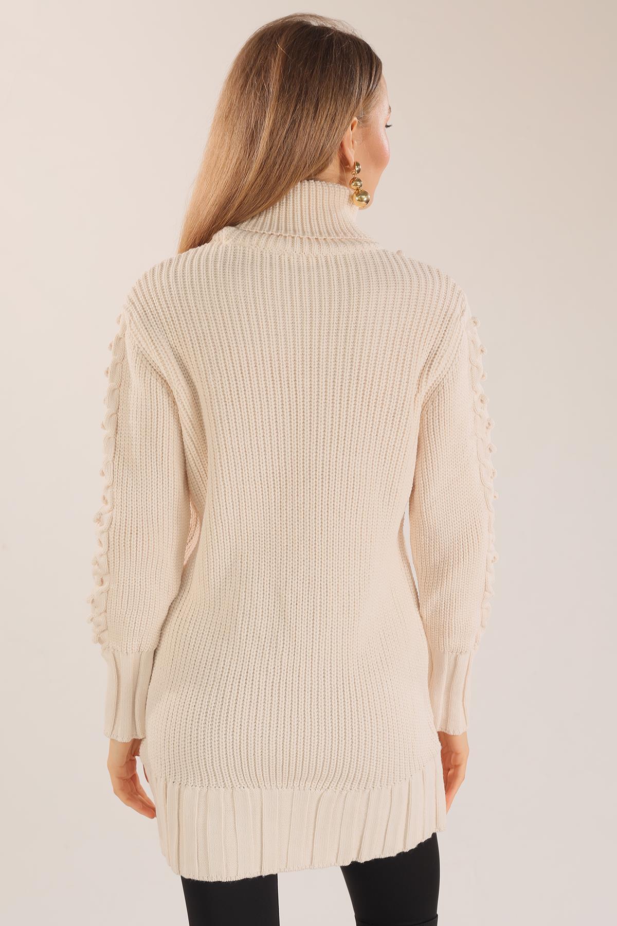 11002 Örgü Detay Boğazlı Kazak Ekru - 6