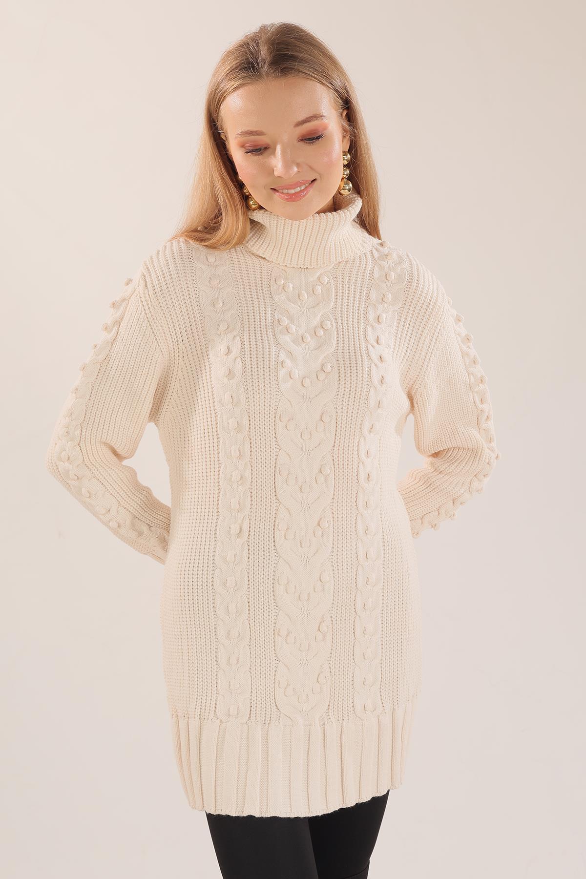 11002 Örgü Detay Boğazlı Kazak Ekru - 1