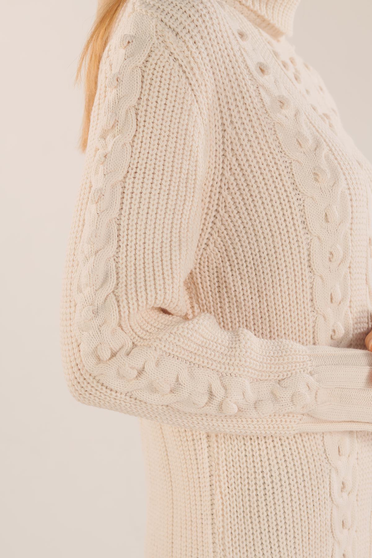 11002 Örgü Detay Boğazlı Kazak Ekru - 5