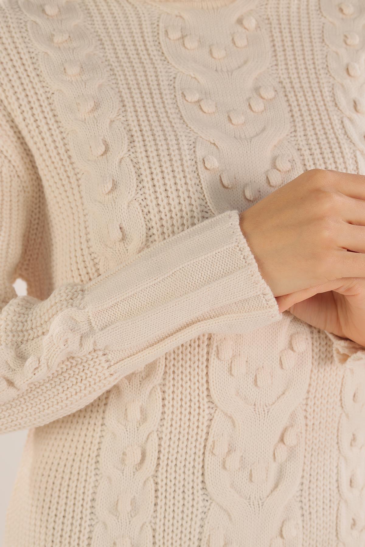 Ekru Örgü Detay Boğazlı Kazak 11002 - 2
