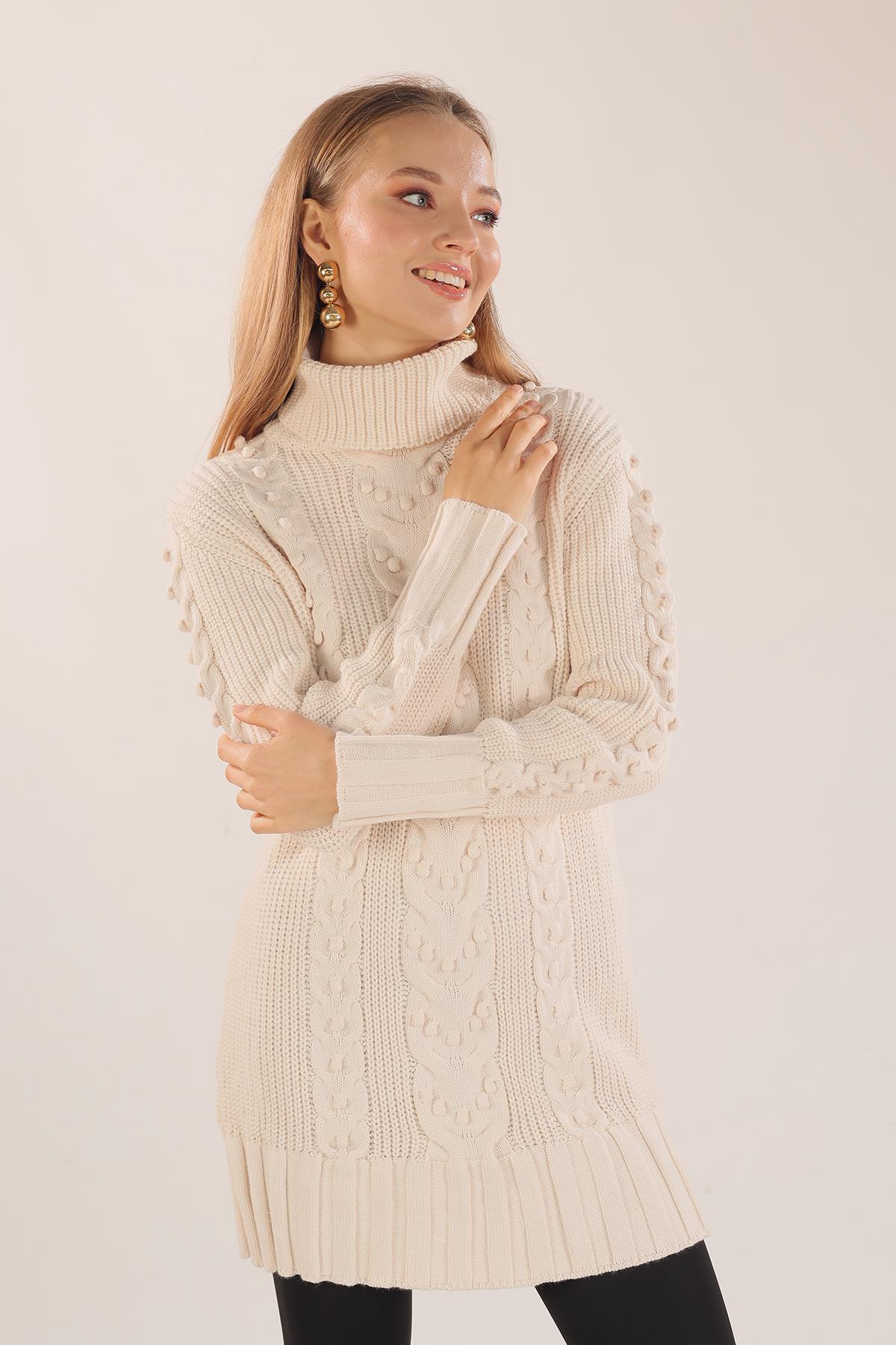 Ekru Örgü Detay Boğazlı Kazak 11002 - 3