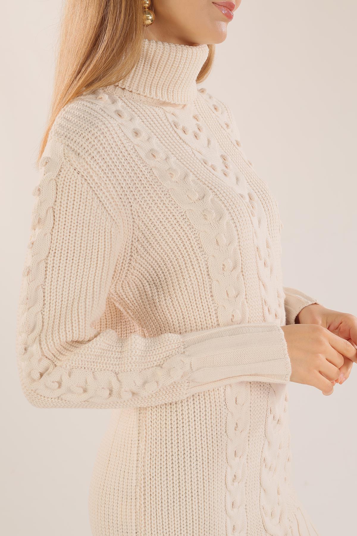 Ekru Örgü Detay Boğazlı Kazak 11002 - 4