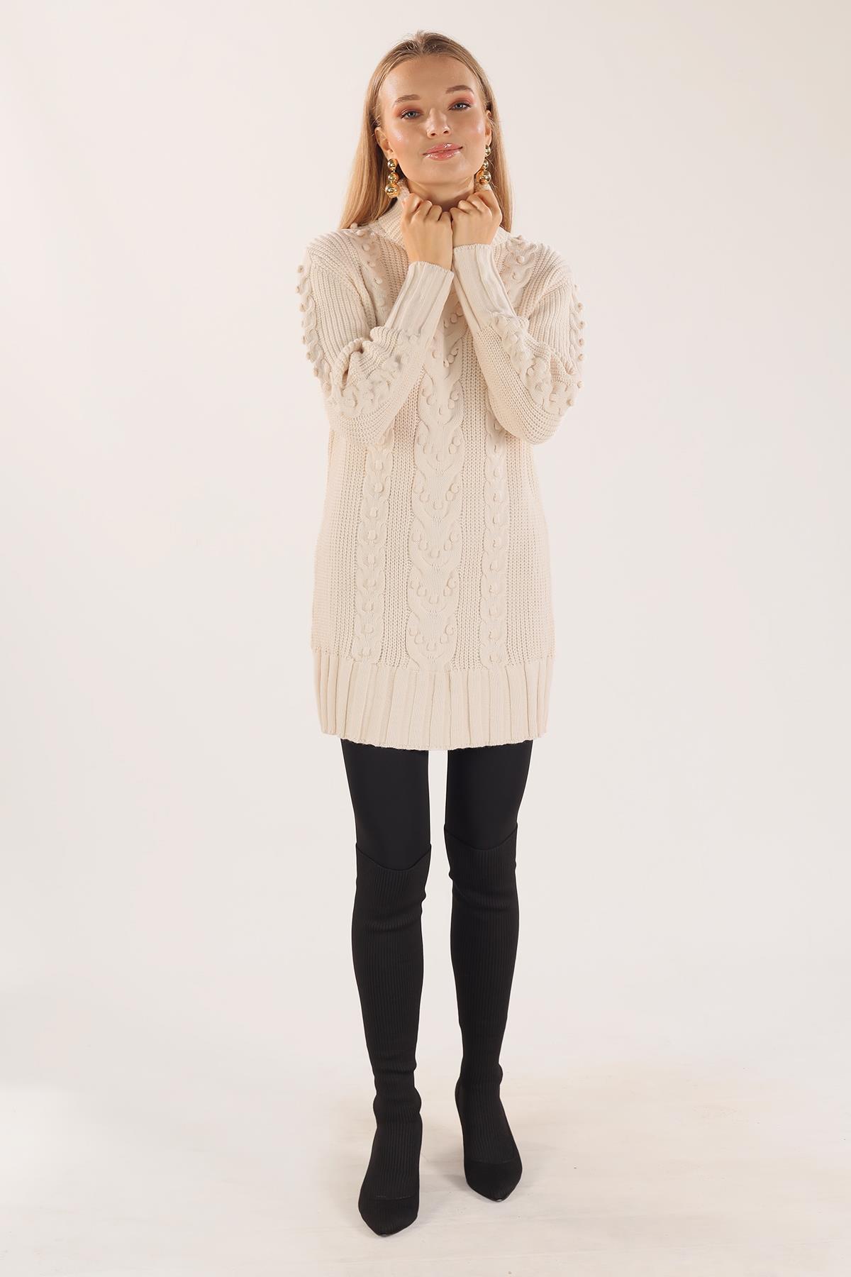 Ekru Örgü Detay Boğazlı Kazak 11002 - 7