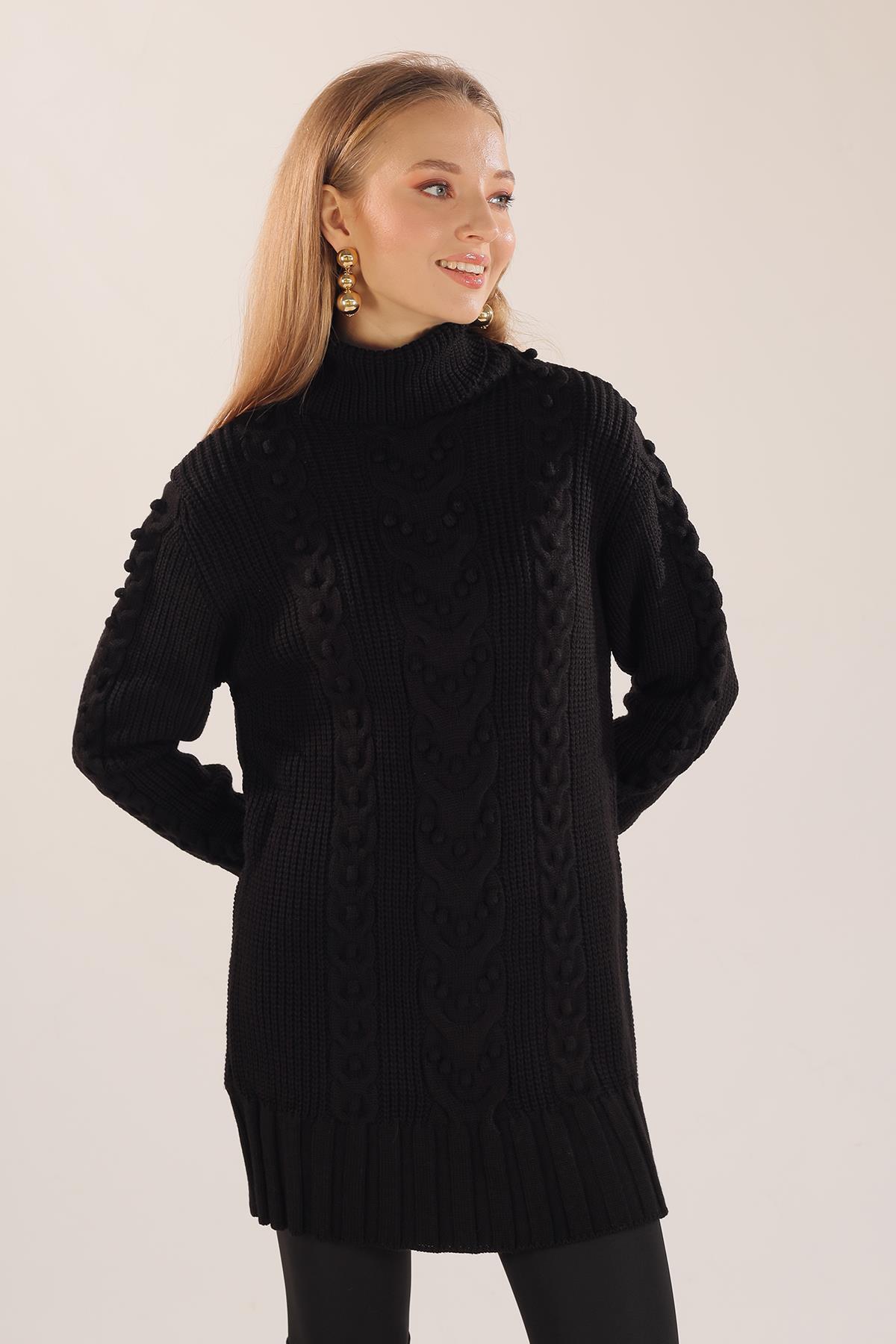 11002 Örgü Detay Boğazlı Kazak Siyah - 4