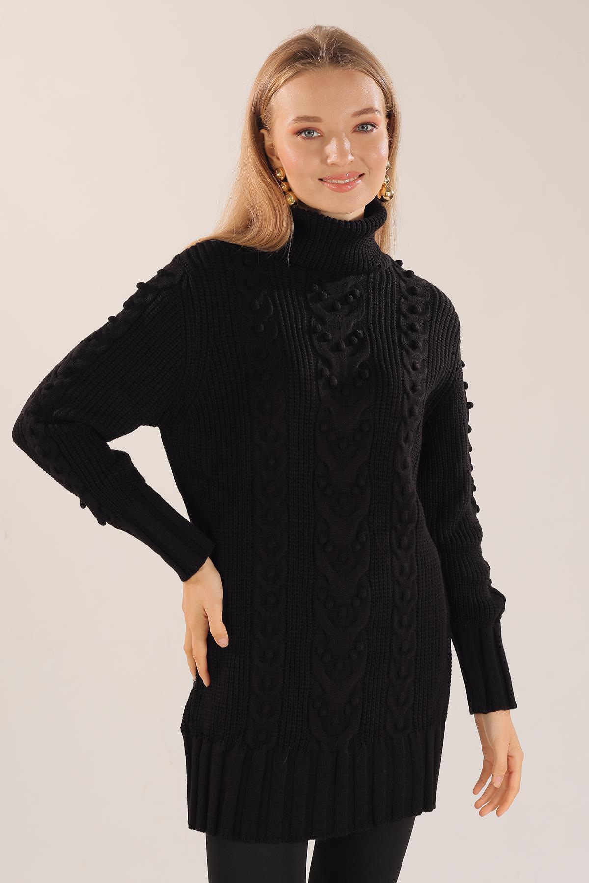 Siyah Örgü Detay Boğazlı Kazak 11002 - 1