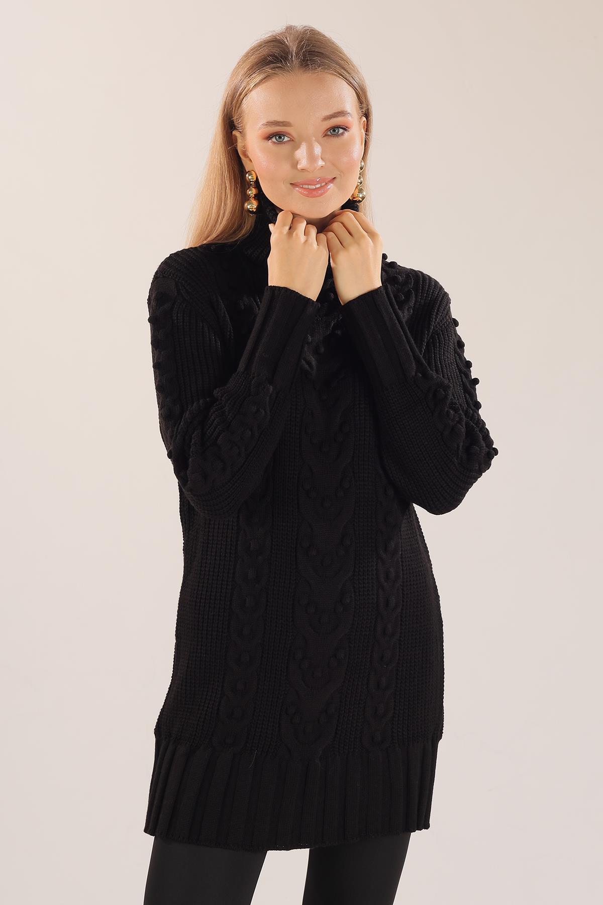 Siyah Örgü Detay Boğazlı Kazak 11002 - 2