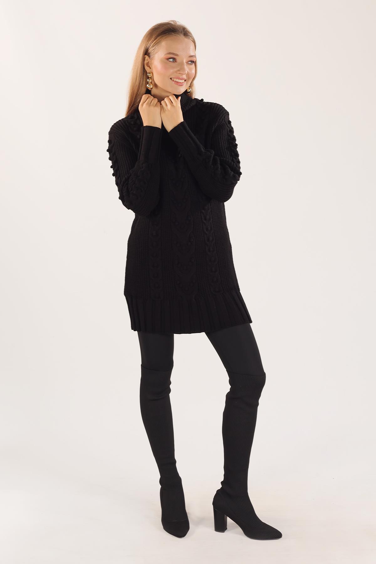 Siyah Örgü Detay Boğazlı Kazak 11002 - 3