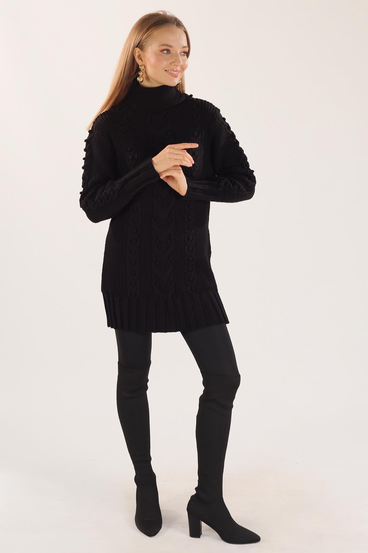 Siyah Örgü Detay Boğazlı Kazak 11002 - 6