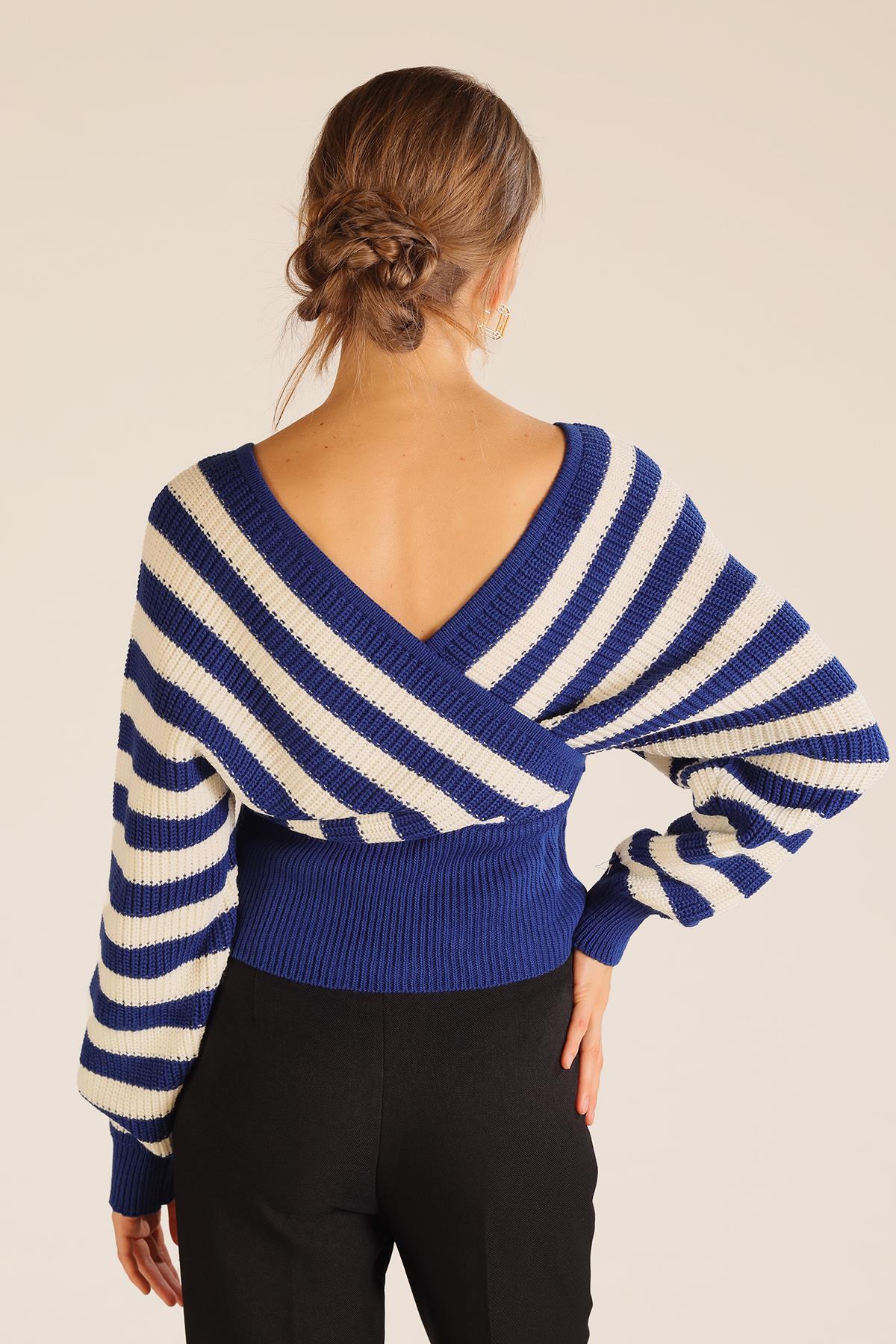 Saks-Ekru Kruvaze Yaka Çizgili Kazak 11005 - 4