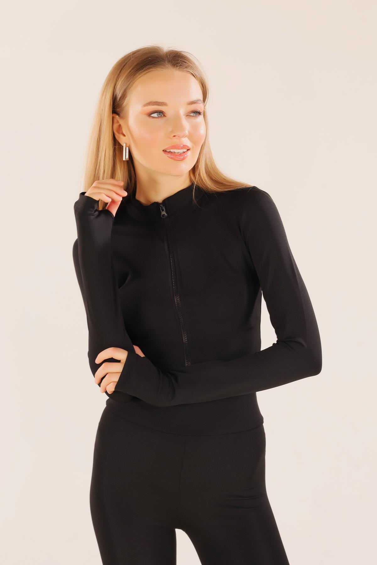 11009 Fermuarlı Hırka Tayt Takım Siyah - 1