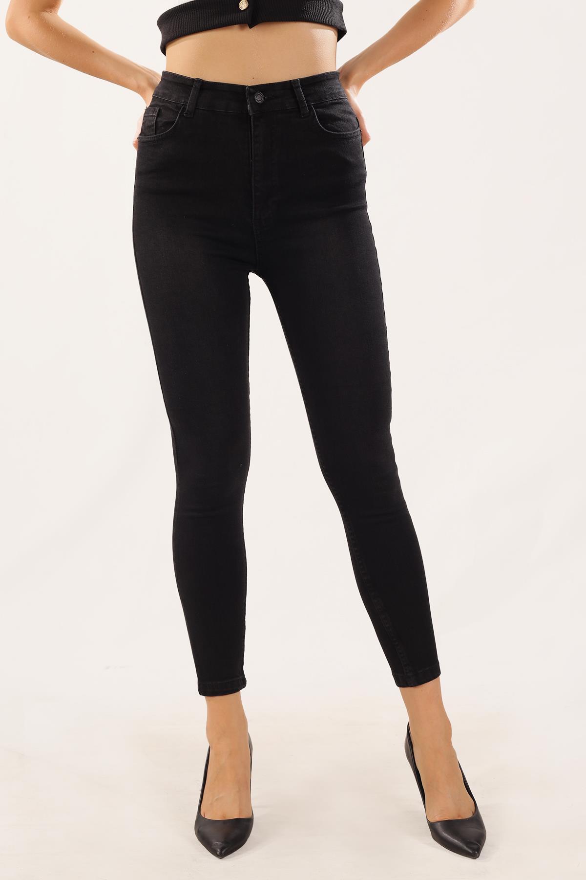 11012 Yüksek Bel Düğme Detay Pantolon Siyah - 2