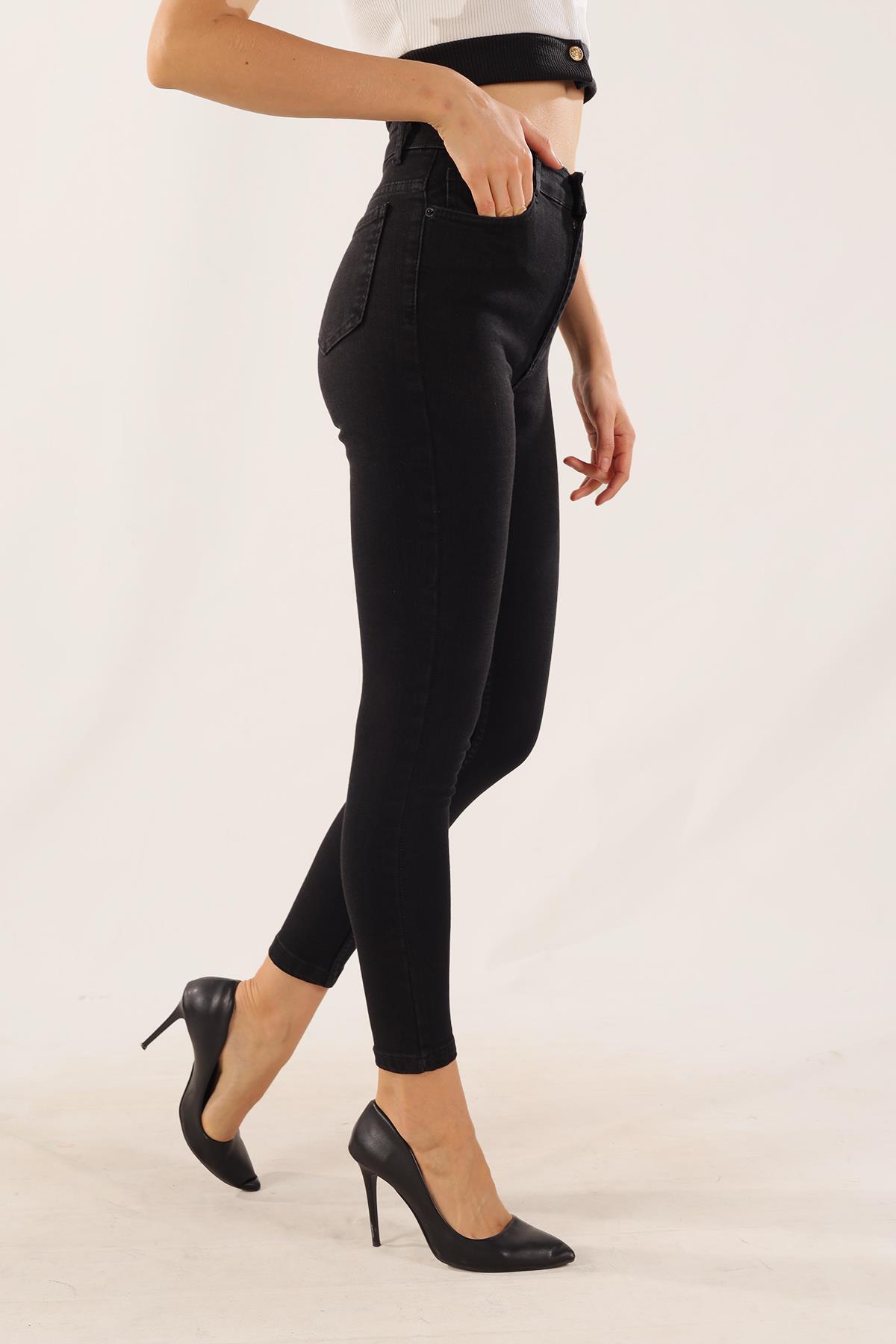 11012 Yüksek Bel Düğme Detay Pantolon Siyah - 3