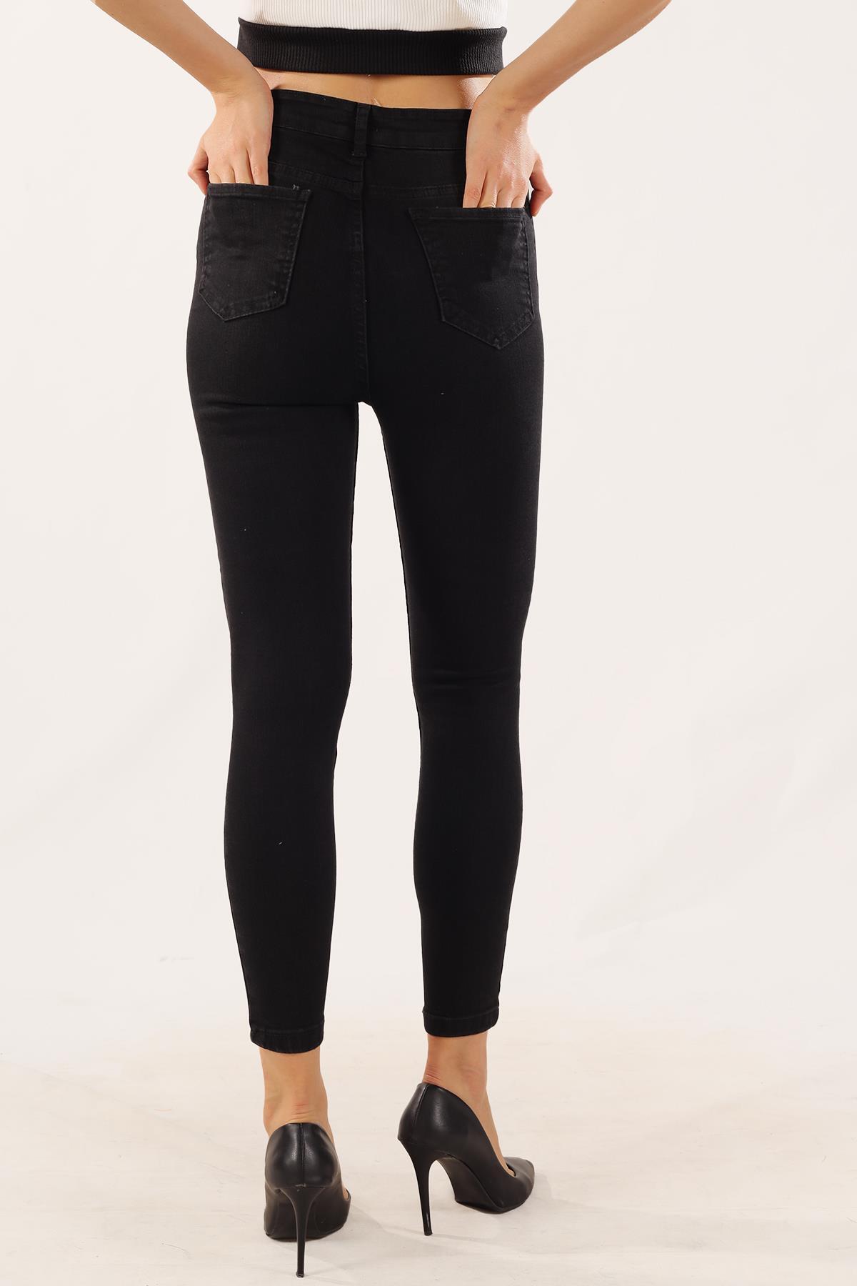 11012 Yüksek Bel Düğme Detay Pantolon Siyah - 6