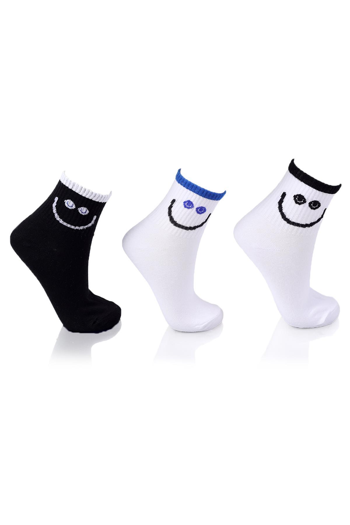 Beyaz-Siyah-Mavi Smile Baskı 3'lü Yarım Konç Çorap 1102 