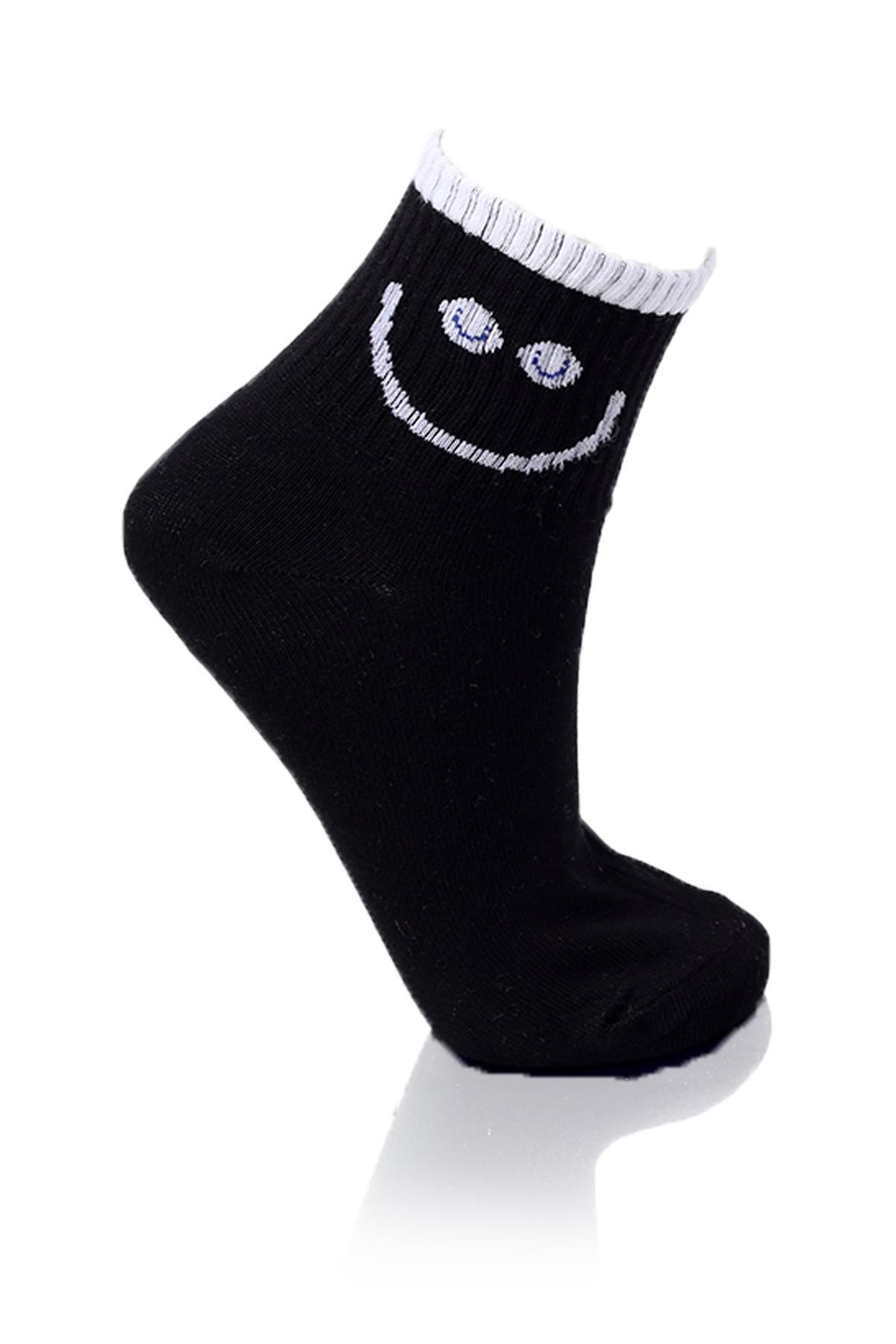 Beyaz-Siyah-Mavi Smile Baskı 3'lü Yarım Konç Çorap 1102 - 2