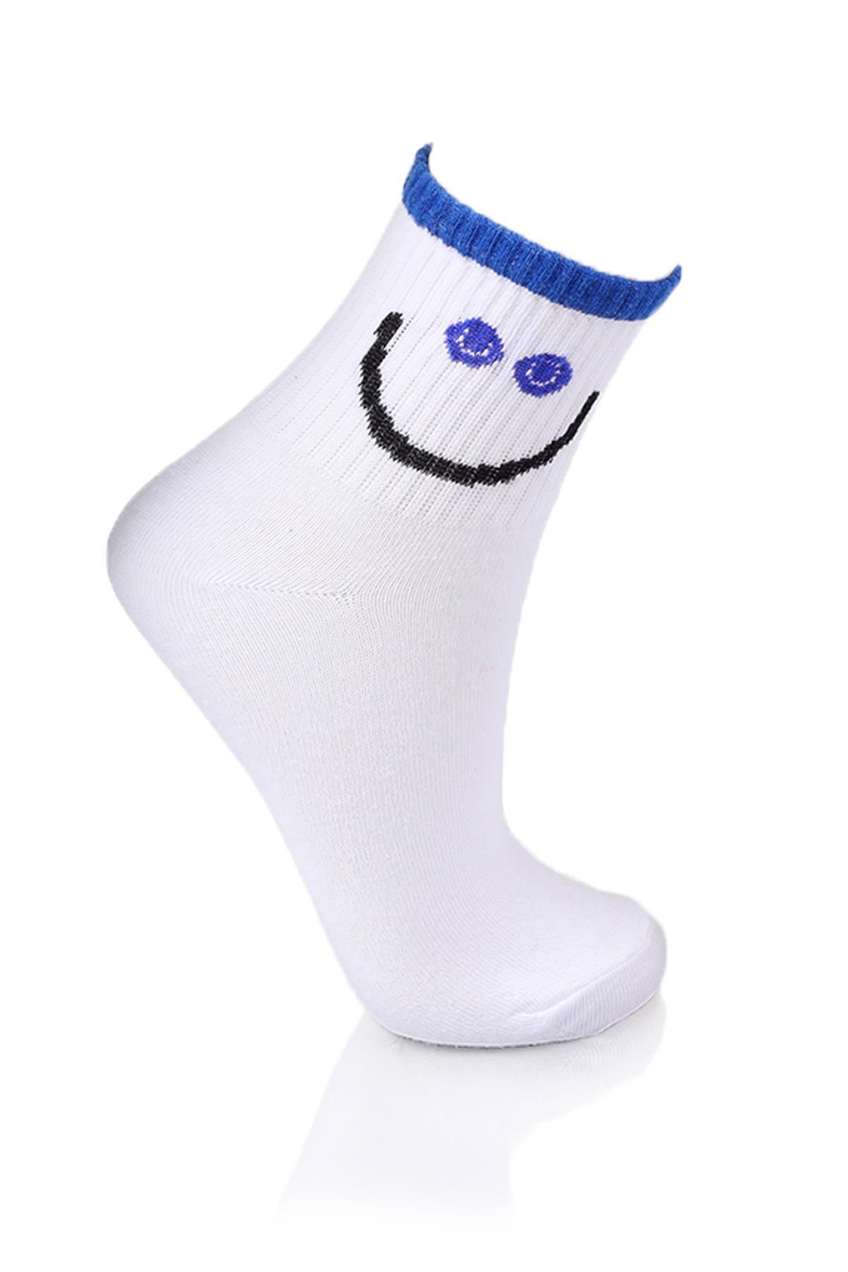Beyaz-Siyah-Mavi Smile Baskı 3'lü Yarım Konç Çorap 1102 - 3