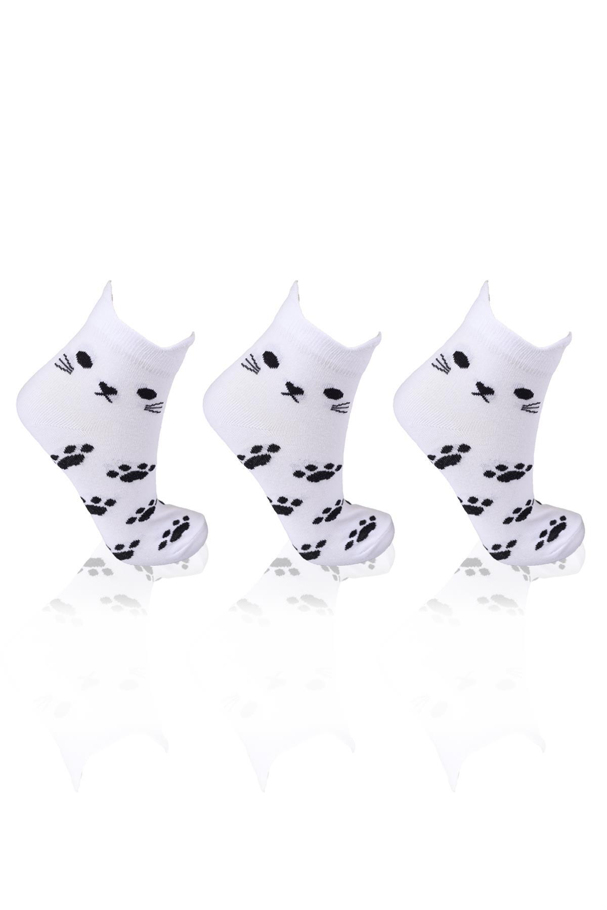 1105 Üç Boyutlu Kedili 3'lü Patik Çorap Beyaz - 1