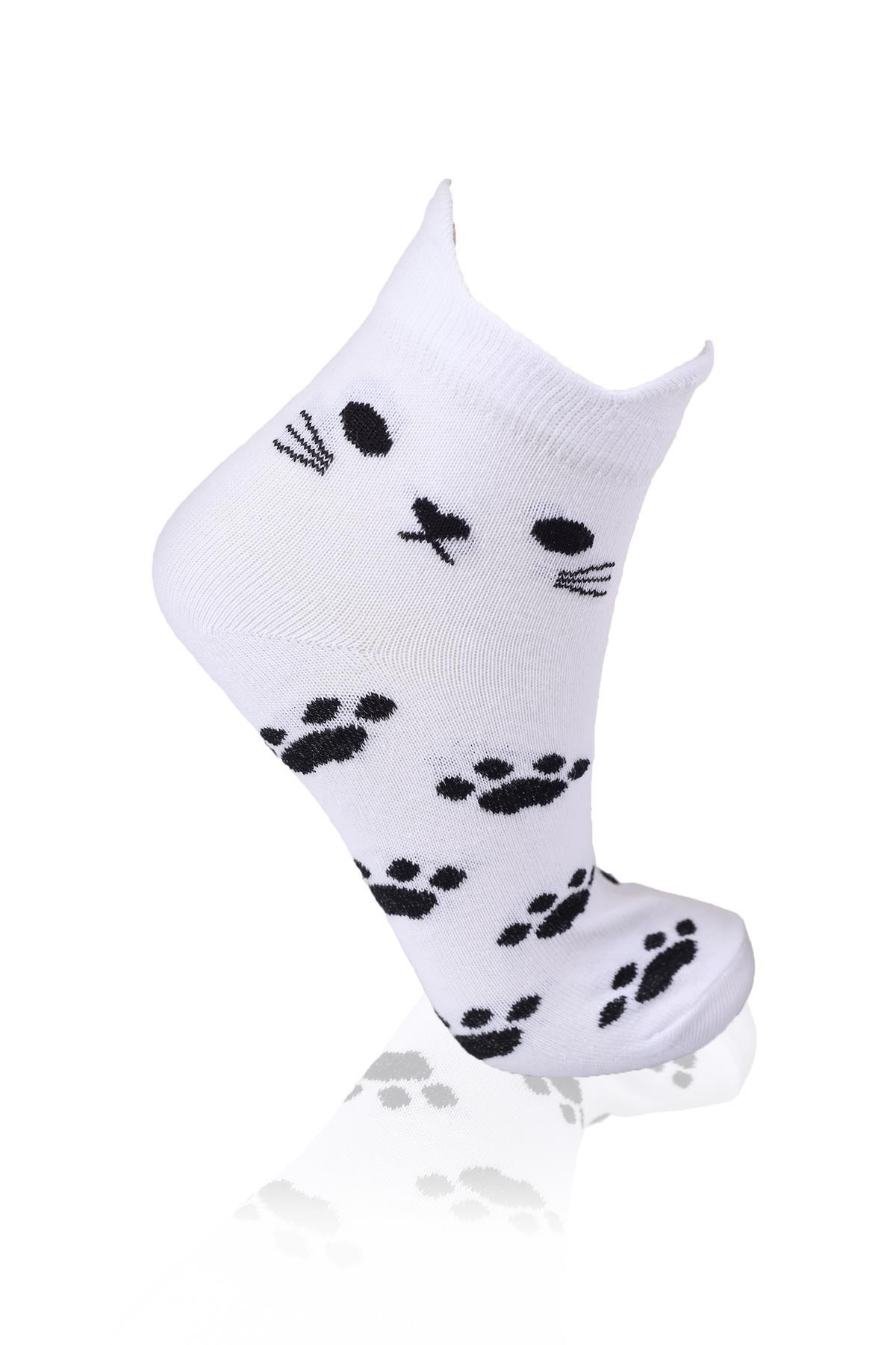 1105 Üç Boyutlu Kedili 3'lü Patik Çorap Beyaz - 2