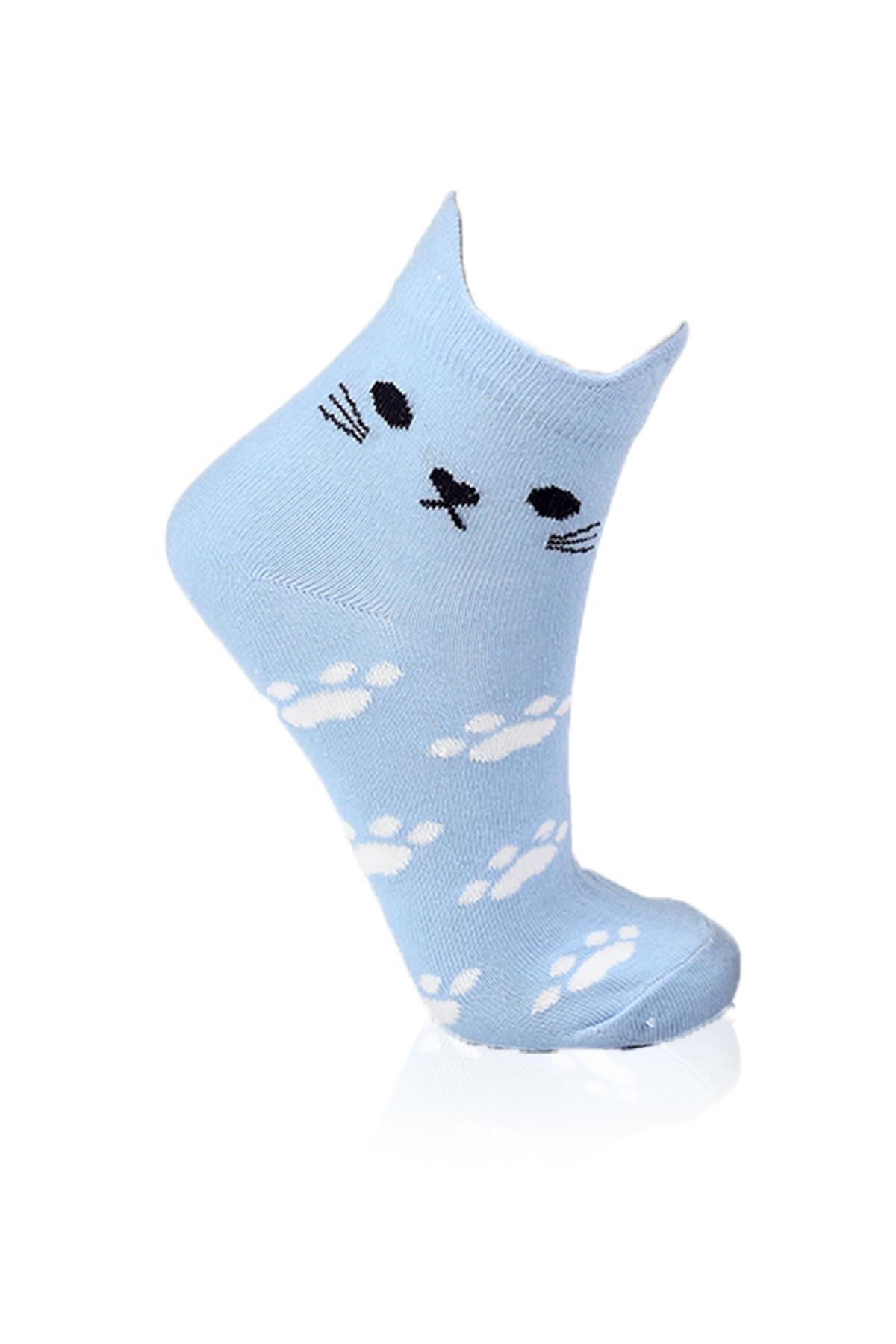 1105 Üç Boyutlu Kedili 3'lü Patik Çorap Beyaz-Gri-Mavi - 3