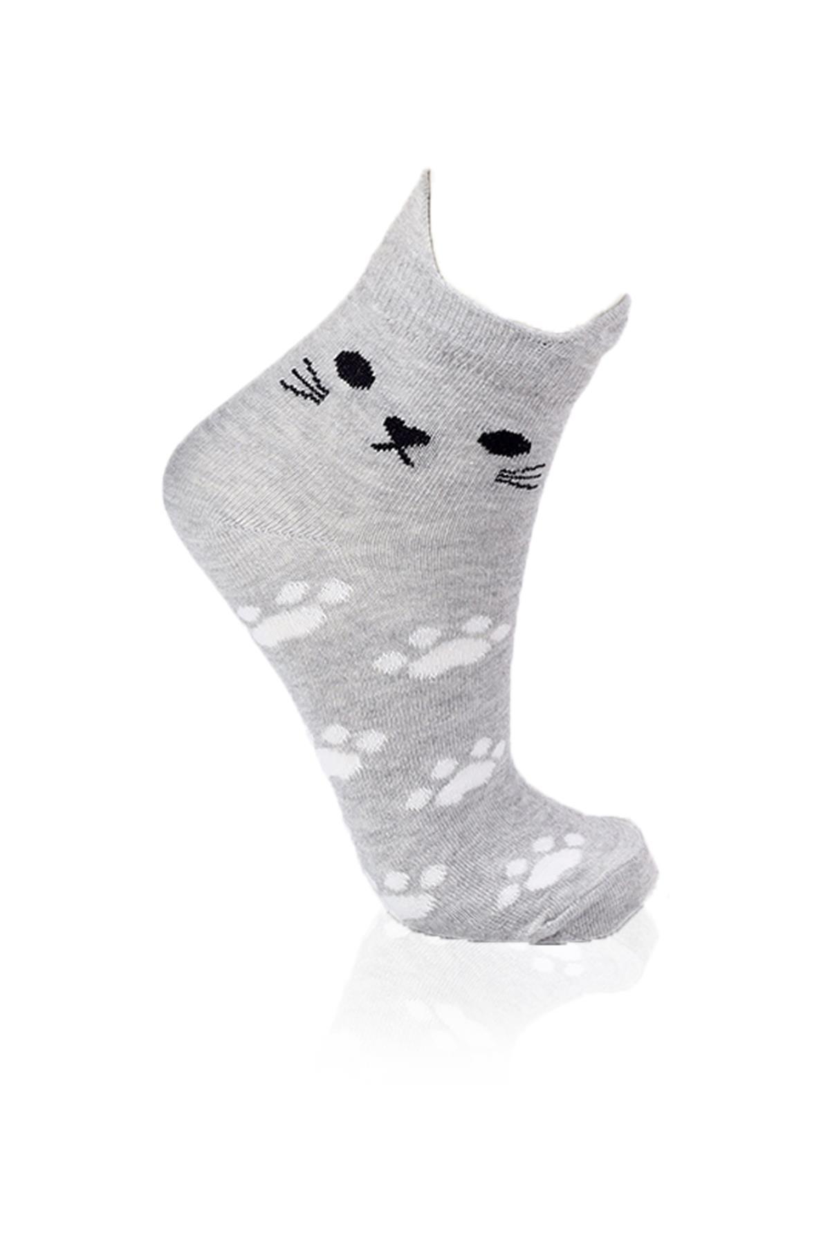 1105 Üç Boyutlu Kedili 3'lü Patik Çorap Beyaz-Gri-Mavi - RAYS