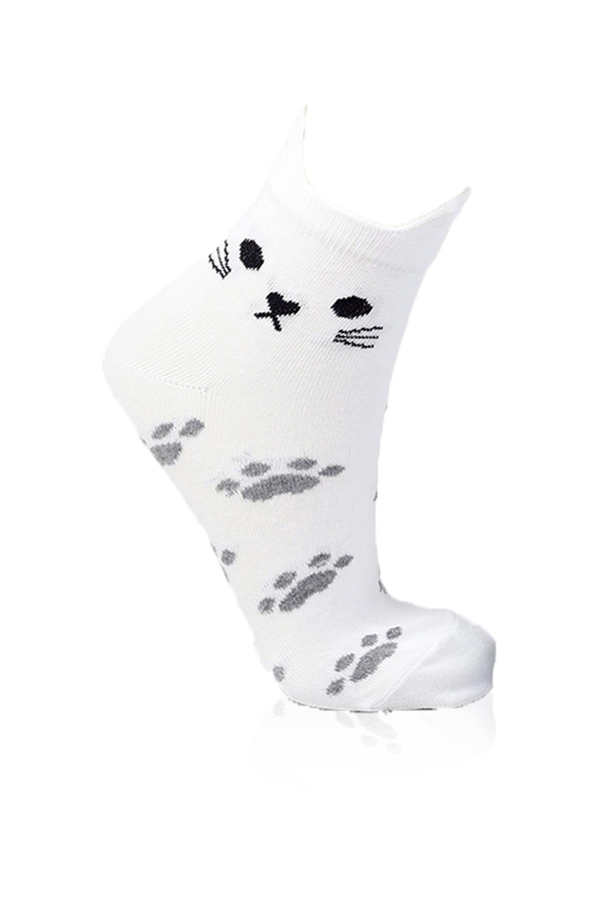 1105 Üç Boyutlu Kedili 3'lü Patik Çorap Beyaz-Gri-Mavi - 2