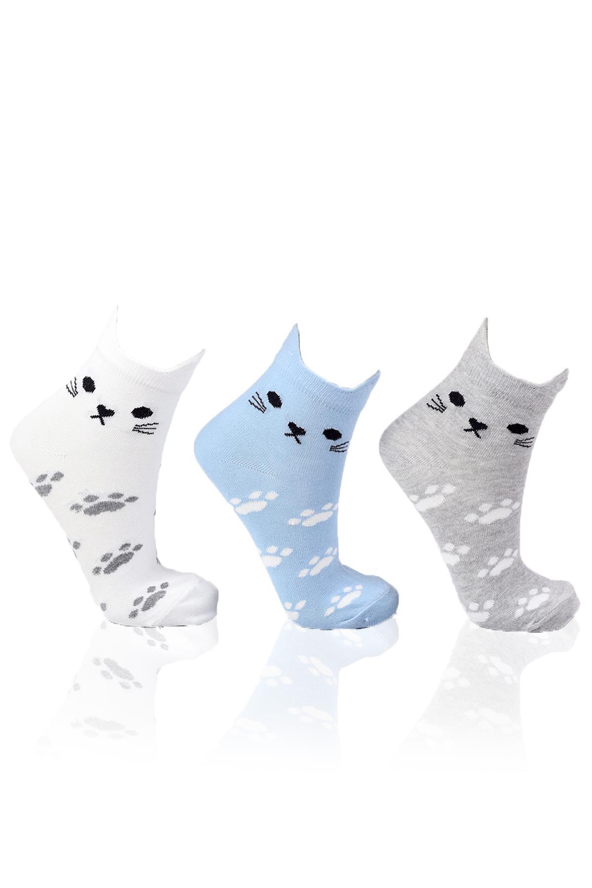 1105 Üç Boyutlu Kedili 3'lü Patik Çorap Beyaz-Gri-Mavi - 1