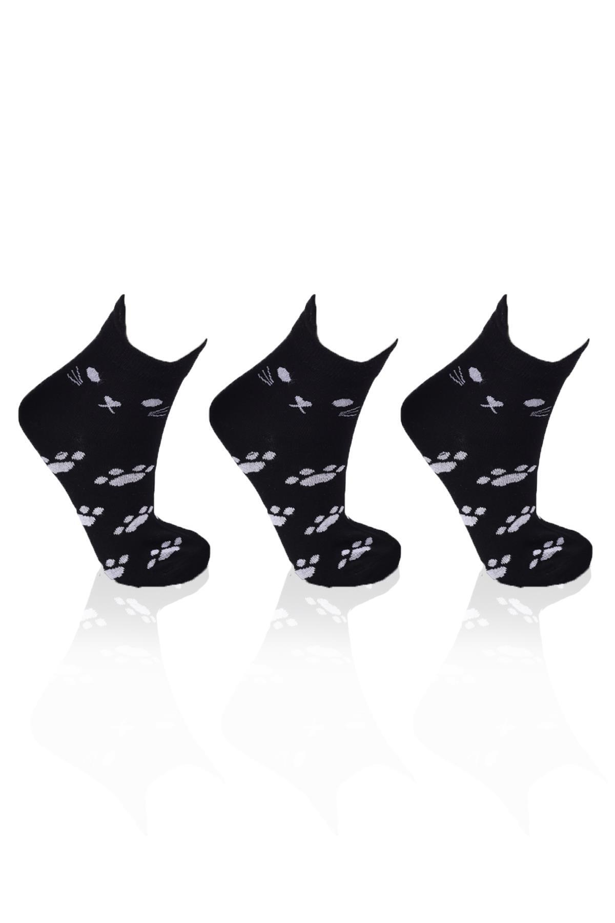 Siyah Üç Boyutlu Kedili 3'lü Patik Çorap 1105 