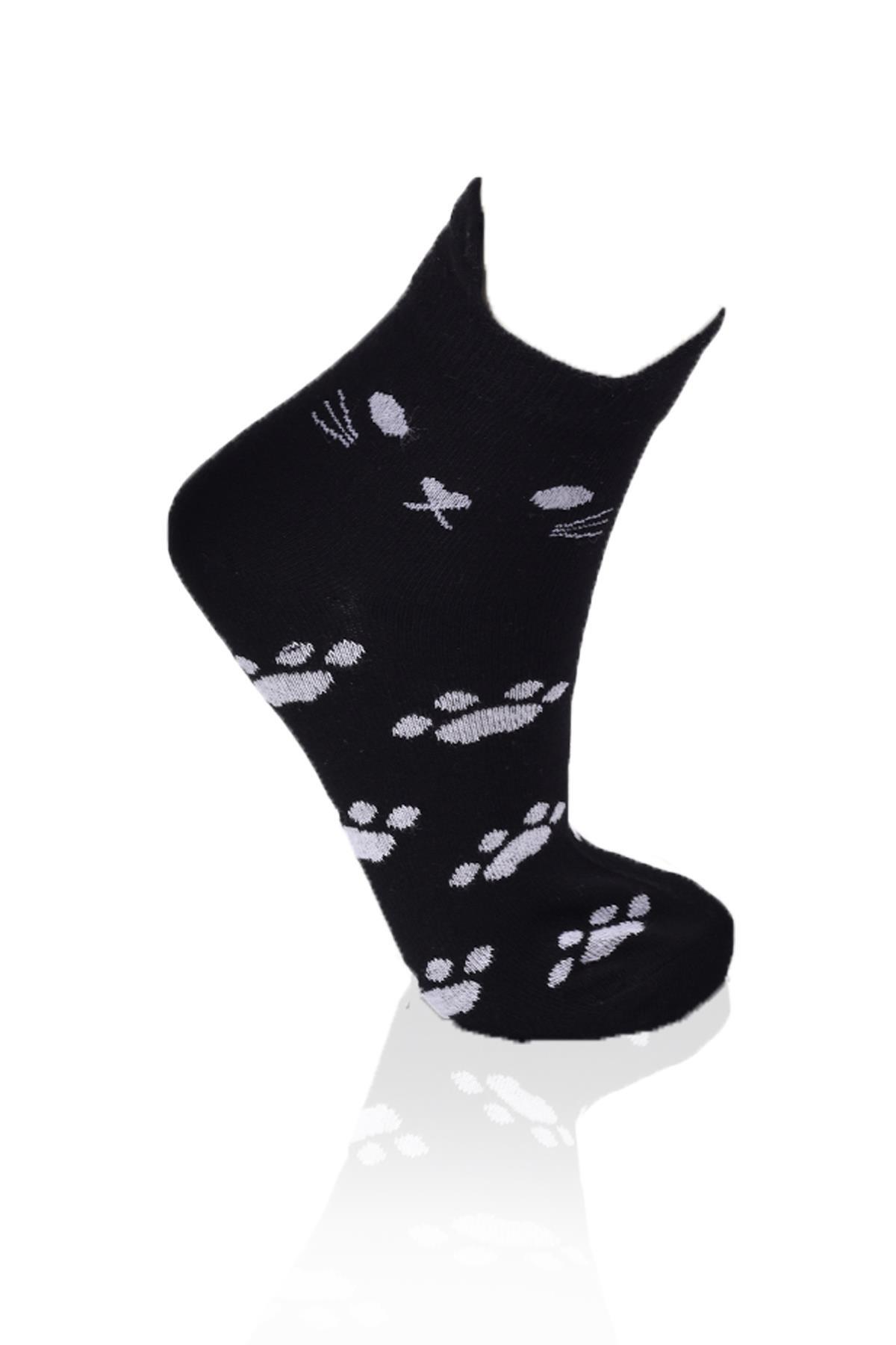 Siyah Üç Boyutlu Kedili 3'lü Patik Çorap 1105 - 2