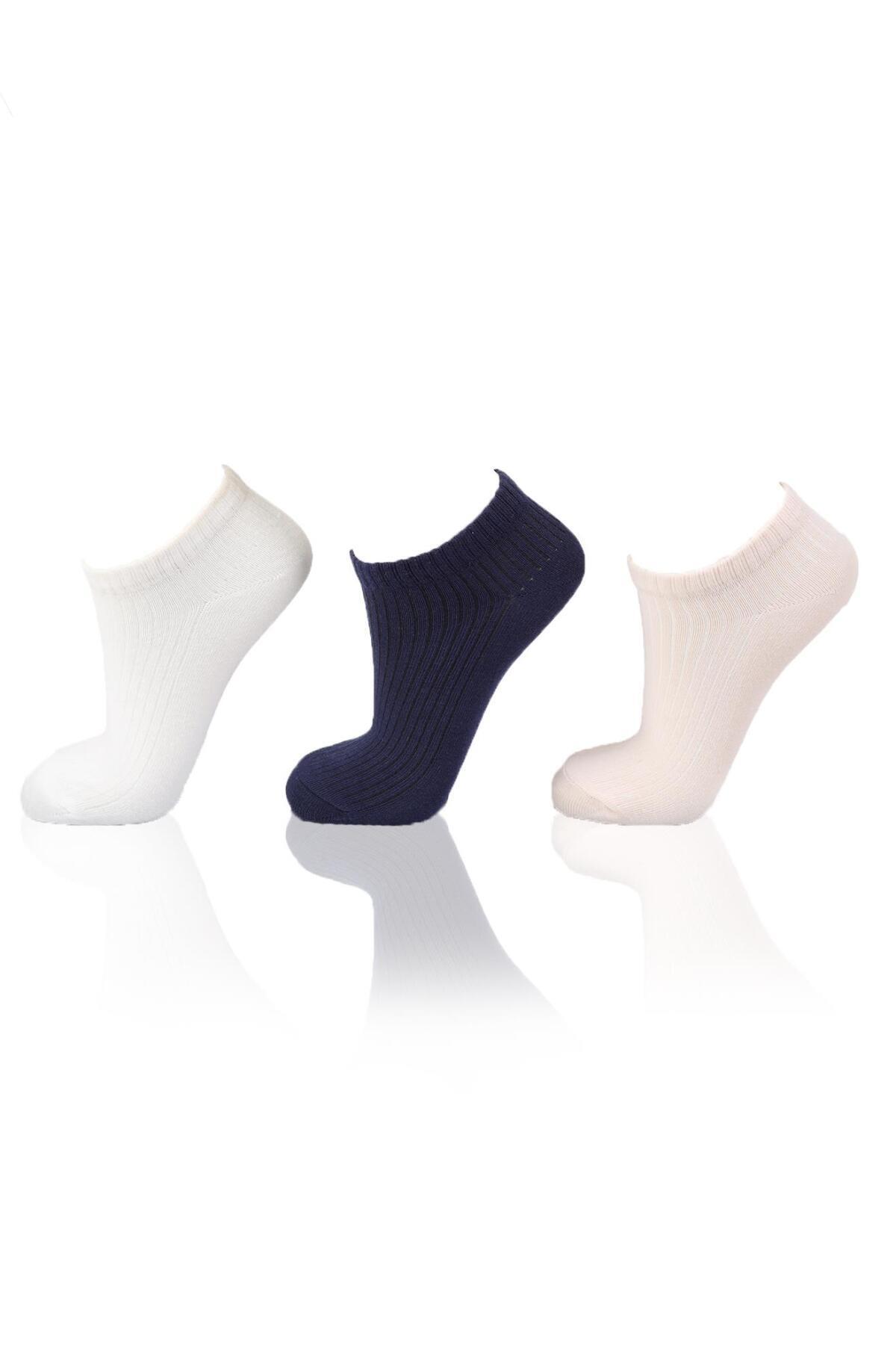 1106 3'lü Derbili Kadın Patik Çorap Laci-Ekru-Vizon - 2