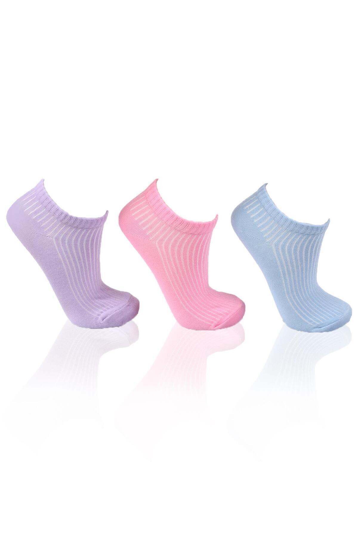 Pembe-Mavi-Lila 3'lü Derbili Bayan Patik Çorap 1106 - 2