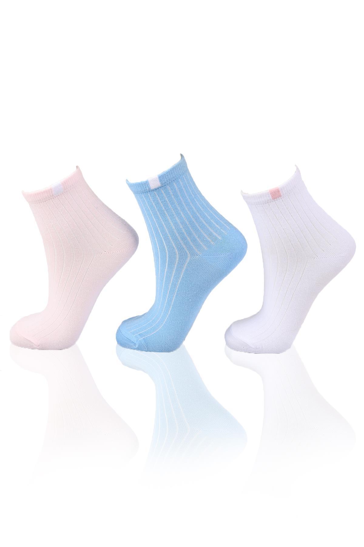 Mavi-Pembe-Beyaz Yarım Konç 3'lü Çorap 1107 - 1
