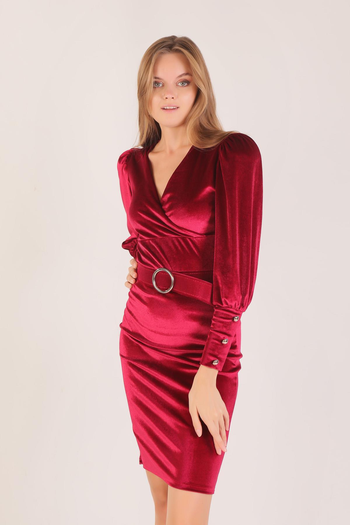 1110 Bel Kemerli Balon Kol Elbise Bordo - 3