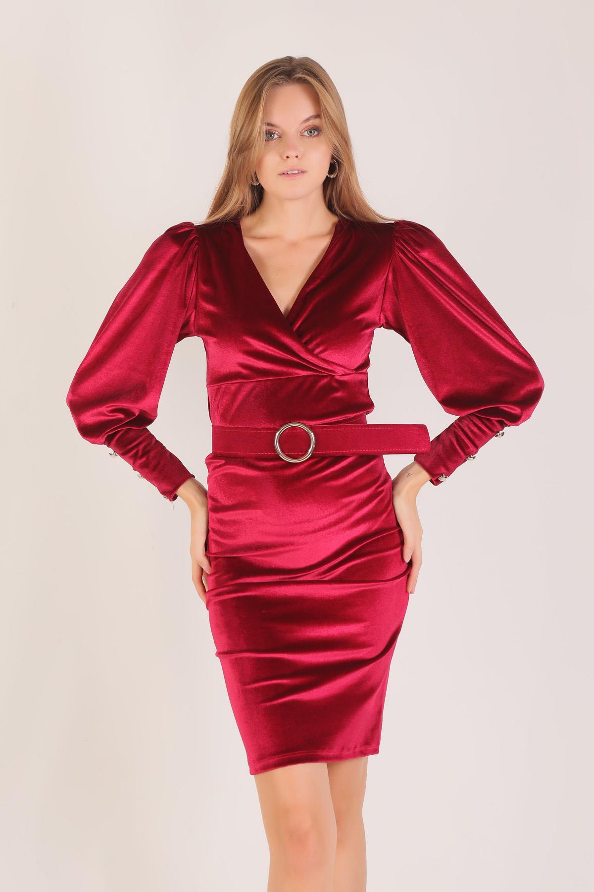 Bordo Bel Kemerli Balon Kol Elbise 1110 - 1