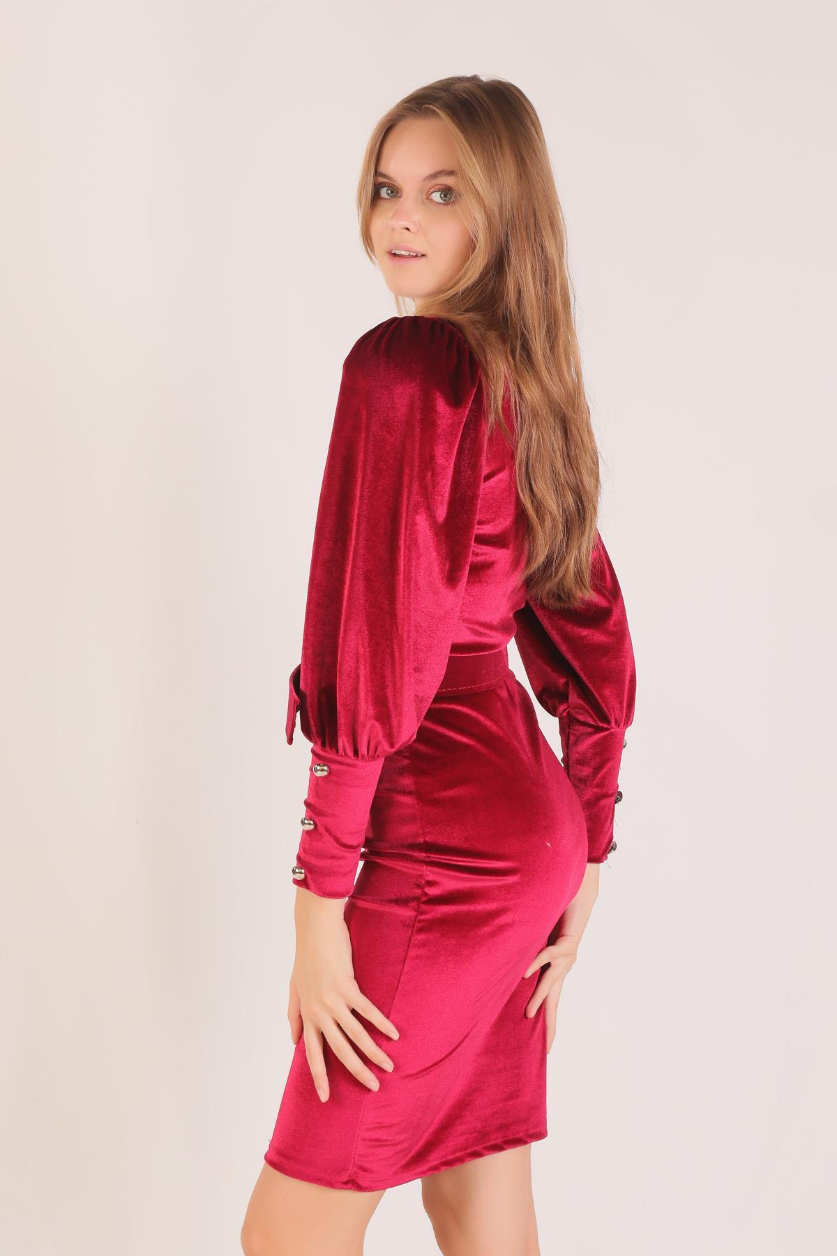 Bordo Bel Kemerli Balon Kol Elbise 1110 - 4